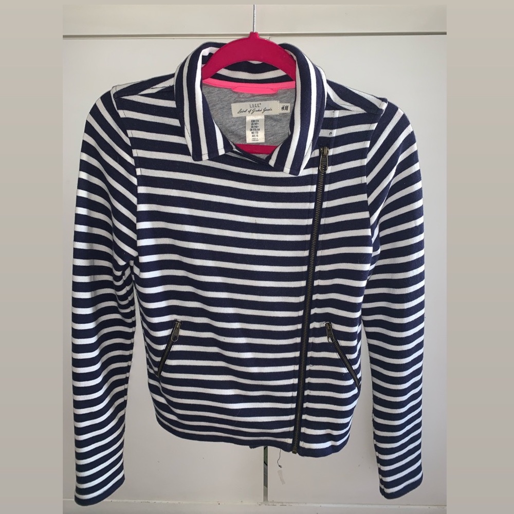 H&M, L.O.G.G. navy and white striped jacket.